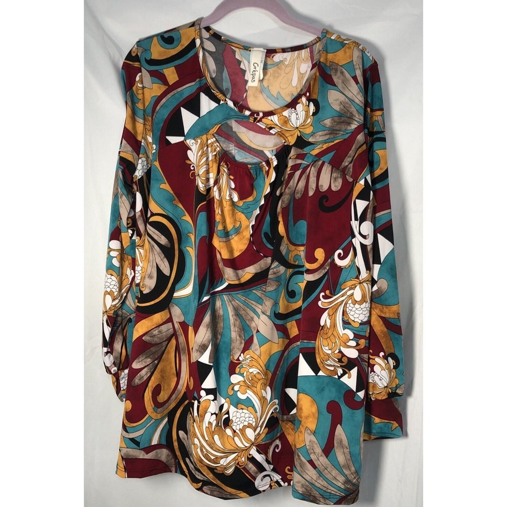 Crepas Women's Multicolor Patterned Keyhole Neck Long-Sleeve Top -‎ Size XL